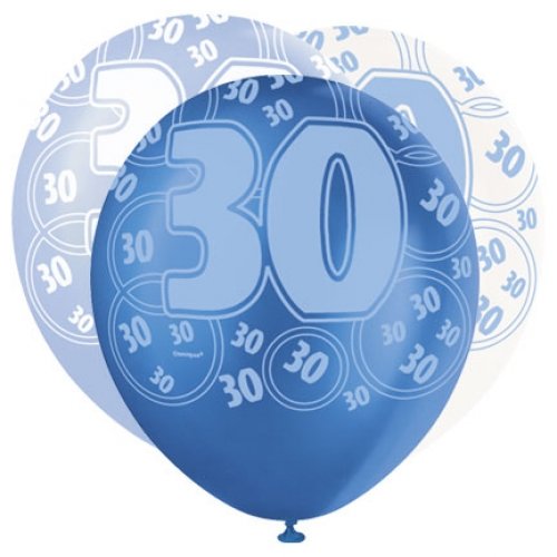 30th Birthday Pearlised Balloons / Blue / Pack of 6 - Party Experts